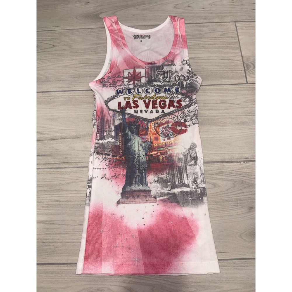 Love Las Vegas Rhinestone Graphic Ribbed Tank Top Pink White Y2K Streetwear S